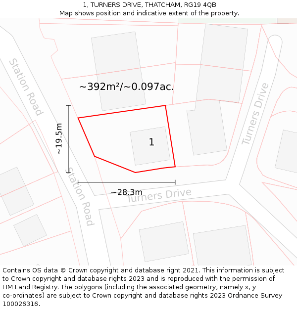 1, TURNERS DRIVE, THATCHAM, RG19 4QB: Plot and title map