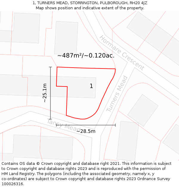1, TURNERS MEAD, STORRINGTON, PULBOROUGH, RH20 4JZ: Plot and title map