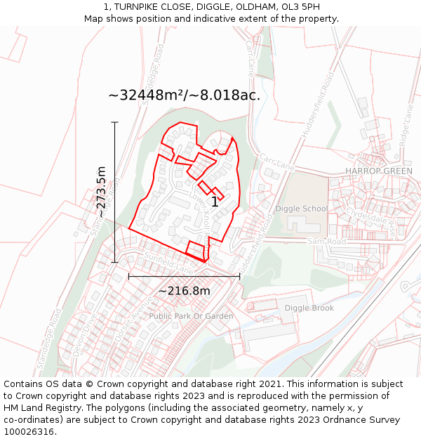1, TURNPIKE CLOSE, DIGGLE, OLDHAM, OL3 5PH: Plot and title map