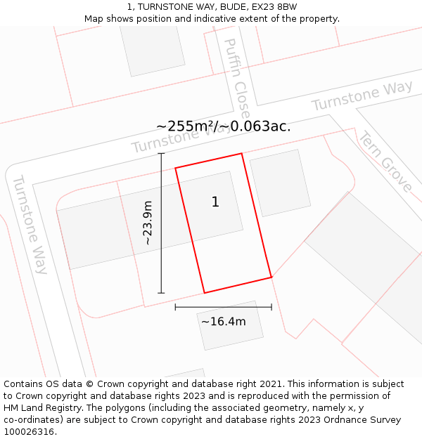 1, TURNSTONE WAY, BUDE, EX23 8BW: Plot and title map