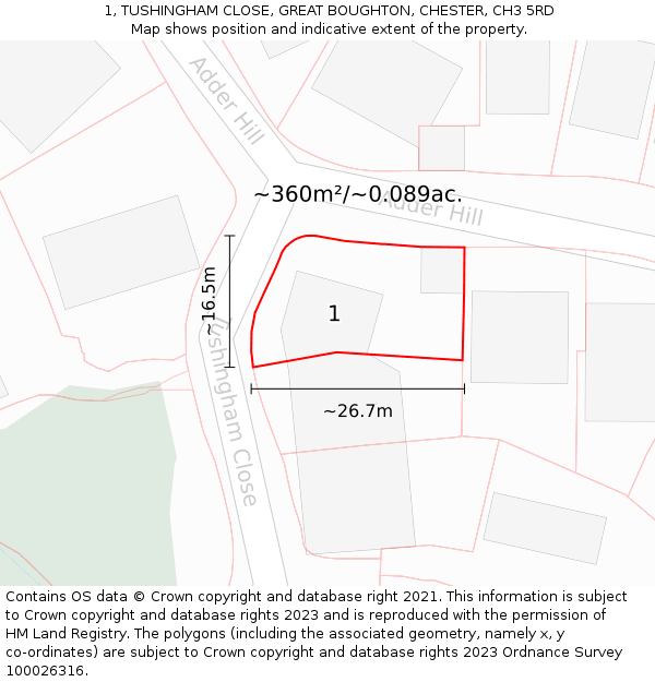 1, TUSHINGHAM CLOSE, GREAT BOUGHTON, CHESTER, CH3 5RD: Plot and title map
