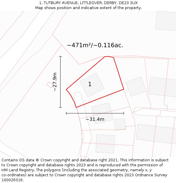 1, TUTBURY AVENUE, LITTLEOVER, DERBY, DE23 3UX: Plot and title map