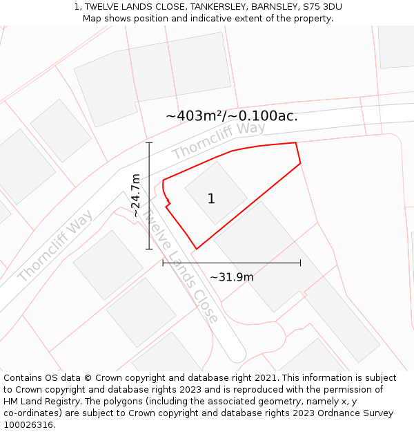 1, TWELVE LANDS CLOSE, TANKERSLEY, BARNSLEY, S75 3DU: Plot and title map