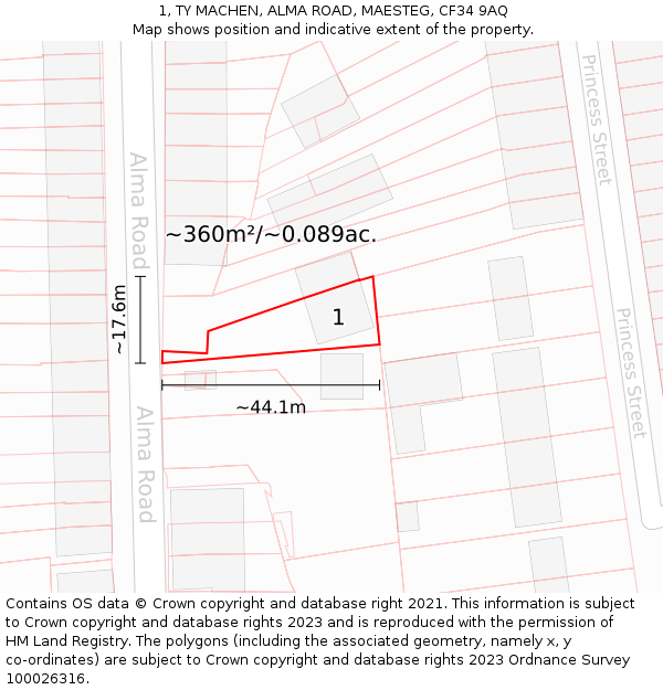 1, TY MACHEN, ALMA ROAD, MAESTEG, CF34 9AQ: Plot and title map