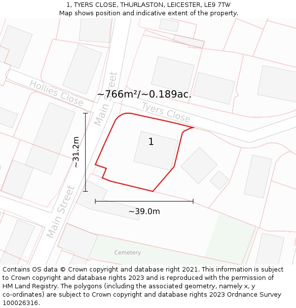1, TYERS CLOSE, THURLASTON, LEICESTER, LE9 7TW: Plot and title map