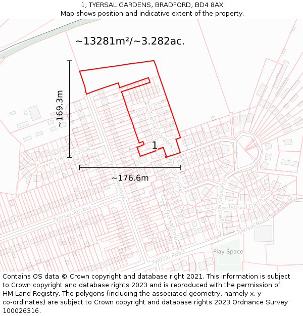 1, TYERSAL GARDENS, BRADFORD, BD4 8AX: Plot and title map