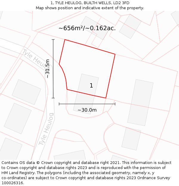 1, TYLE HEULOG, BUILTH WELLS, LD2 3FD: Plot and title map