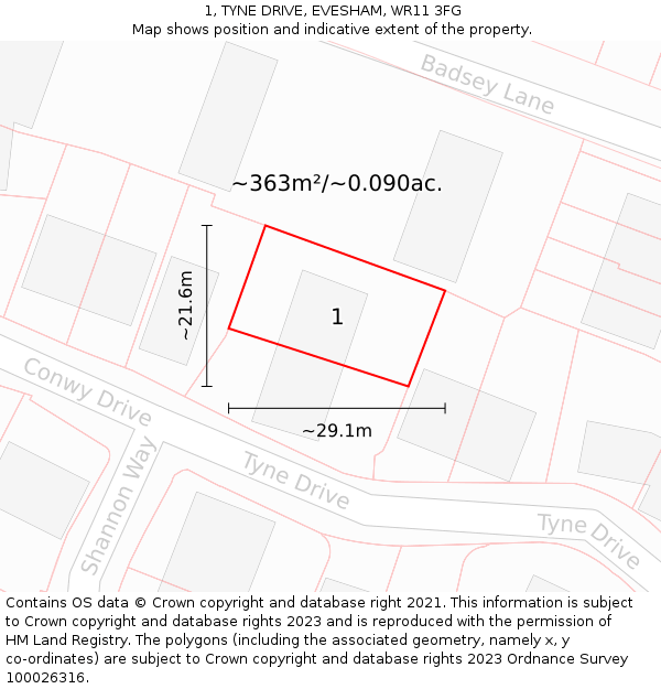 1, TYNE DRIVE, EVESHAM, WR11 3FG: Plot and title map