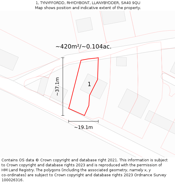 1, TYNYFFORDD, RHYDYBONT, LLANYBYDDER, SA40 9QU: Plot and title map