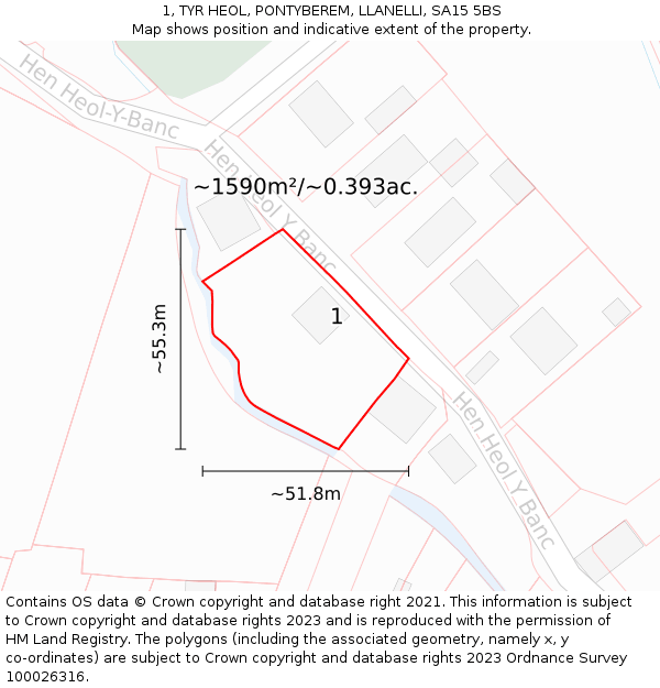 1, TYR HEOL, PONTYBEREM, LLANELLI, SA15 5BS: Plot and title map