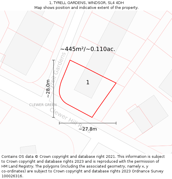 1, TYRELL GARDENS, WINDSOR, SL4 4DH: Plot and title map