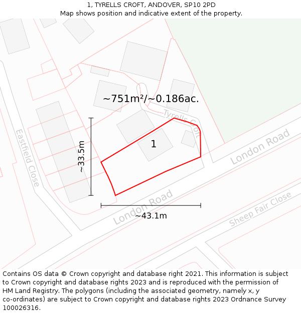 1, TYRELLS CROFT, ANDOVER, SP10 2PD: Plot and title map