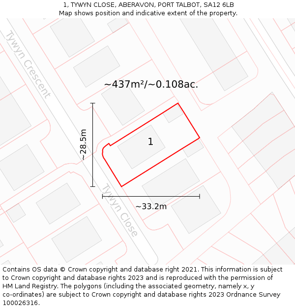 1, TYWYN CLOSE, ABERAVON, PORT TALBOT, SA12 6LB: Plot and title map