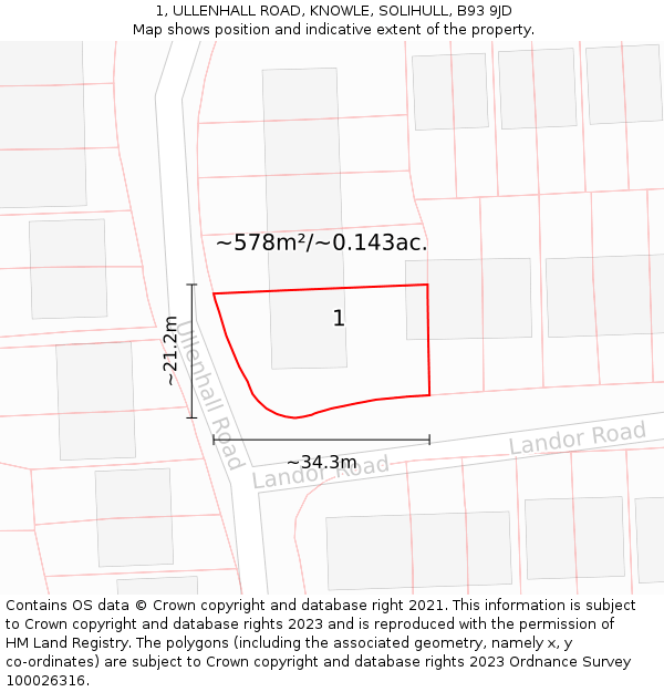 1, ULLENHALL ROAD, KNOWLE, SOLIHULL, B93 9JD: Plot and title map