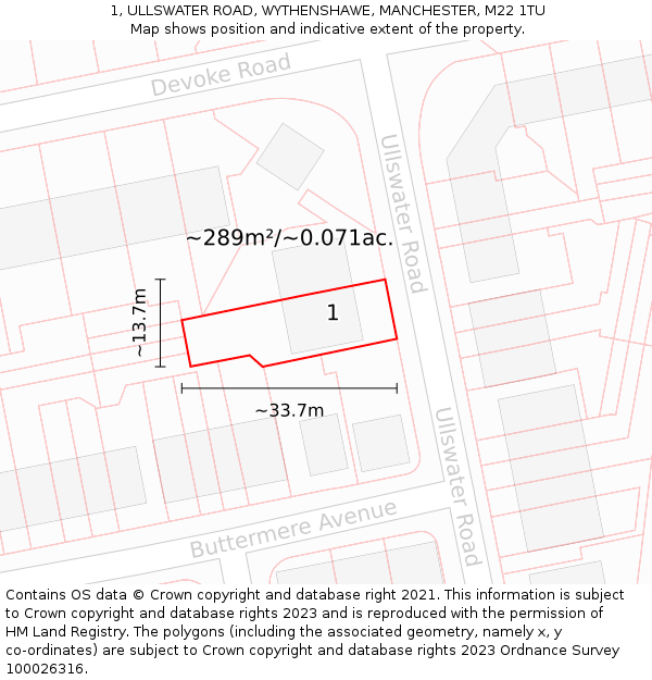 1, ULLSWATER ROAD, WYTHENSHAWE, MANCHESTER, M22 1TU: Plot and title map
