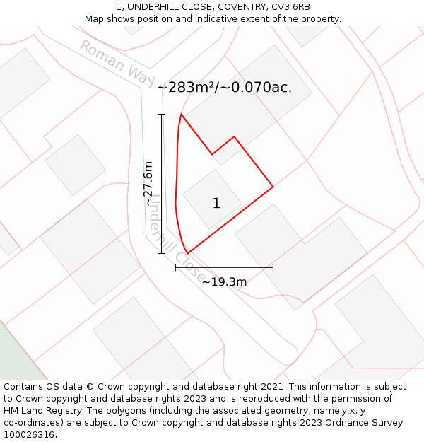 1, UNDERHILL CLOSE, COVENTRY, CV3 6RB: Plot and title map