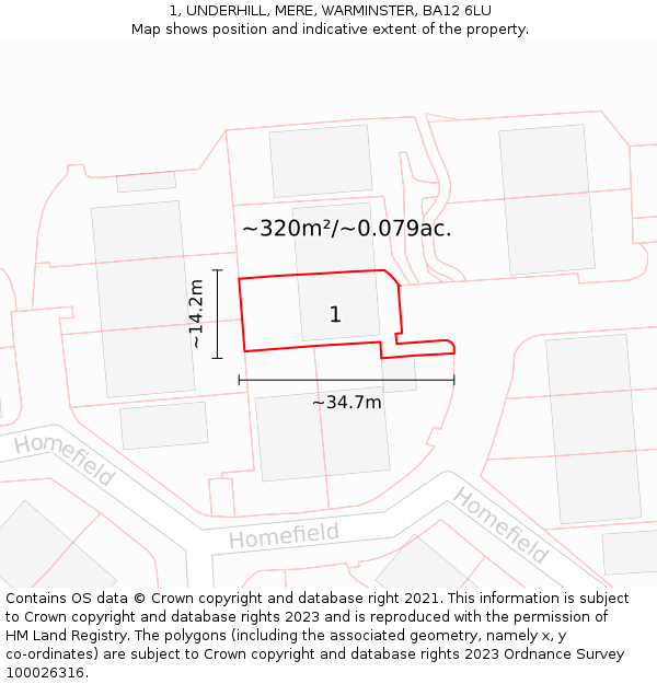 1, UNDERHILL, MERE, WARMINSTER, BA12 6LU: Plot and title map