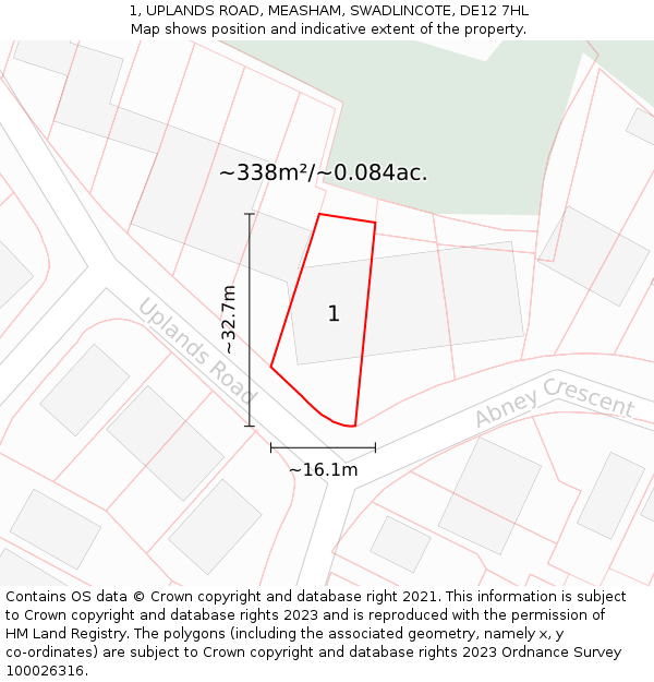 1, UPLANDS ROAD, MEASHAM, SWADLINCOTE, DE12 7HL: Plot and title map