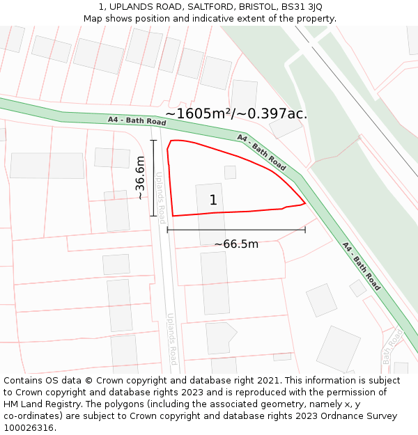 1, UPLANDS ROAD, SALTFORD, BRISTOL, BS31 3JQ: Plot and title map