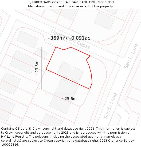 1, UPPER BARN COPSE, FAIR OAK, EASTLEIGH, SO50 8DB: Plot and title map