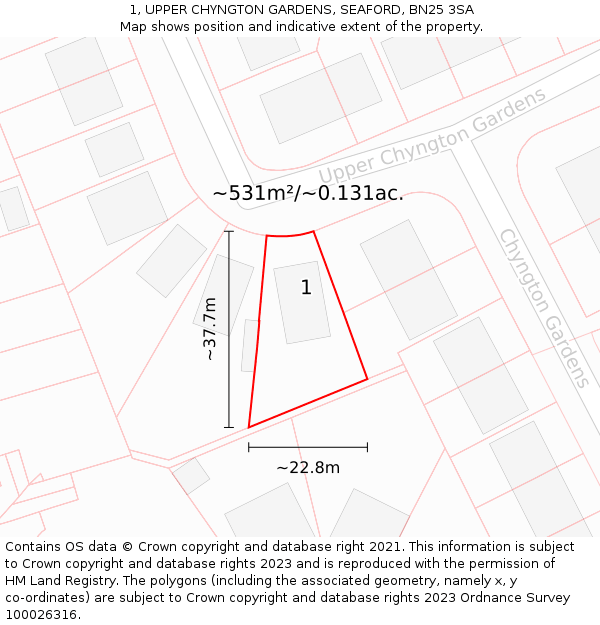 1, UPPER CHYNGTON GARDENS, SEAFORD, BN25 3SA: Plot and title map
