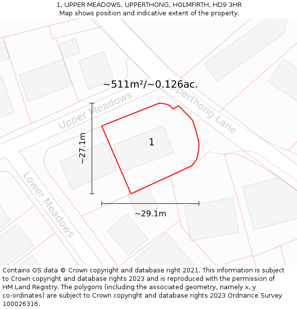 1, UPPER MEADOWS, UPPERTHONG, HOLMFIRTH, HD9 3HR: Plot and title map
