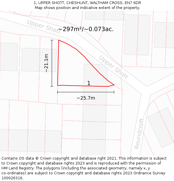 1, UPPER SHOTT, CHESHUNT, WALTHAM CROSS, EN7 6DR: Plot and title map