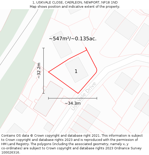 1, USKVALE CLOSE, CAERLEON, NEWPORT, NP18 1ND: Plot and title map