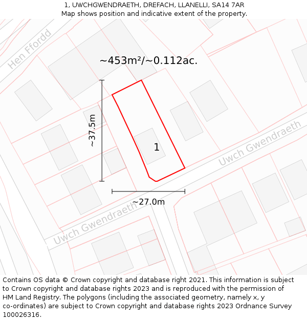 1, UWCHGWENDRAETH, DREFACH, LLANELLI, SA14 7AR: Plot and title map