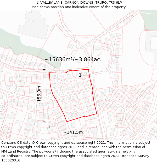 1, VALLEY LANE, CARNON DOWNS, TRURO, TR3 6LP: Plot and title map