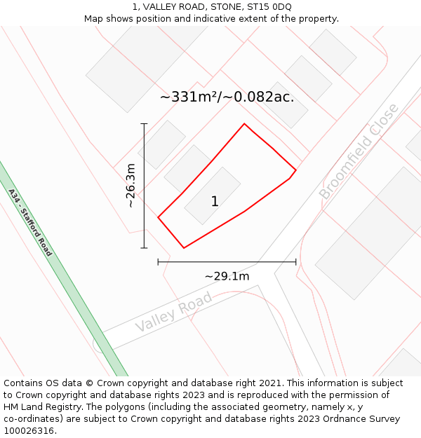 1, VALLEY ROAD, STONE, ST15 0DQ: Plot and title map