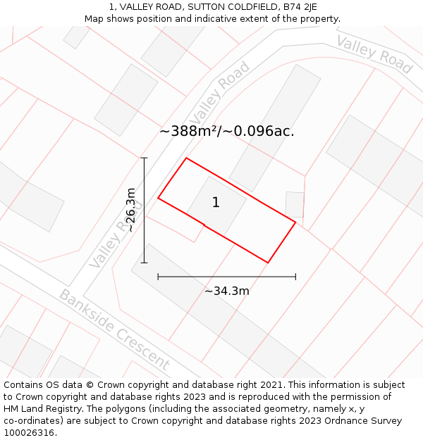 1, VALLEY ROAD, SUTTON COLDFIELD, B74 2JE: Plot and title map