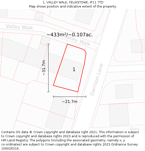 1, VALLEY WALK, FELIXSTOWE, IP11 7TD: Plot and title map