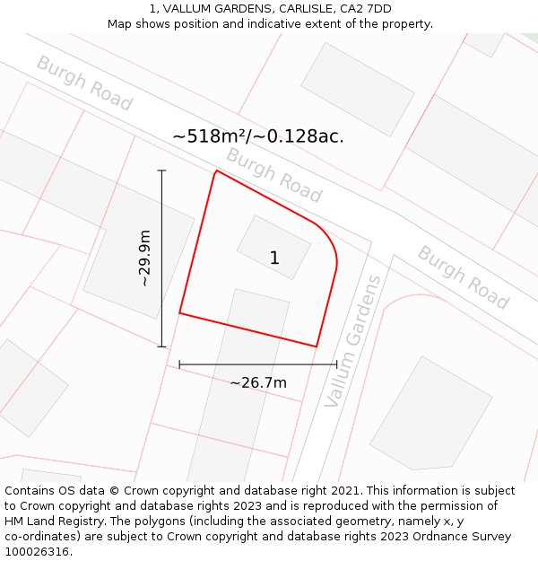 1, VALLUM GARDENS, CARLISLE, CA2 7DD: Plot and title map