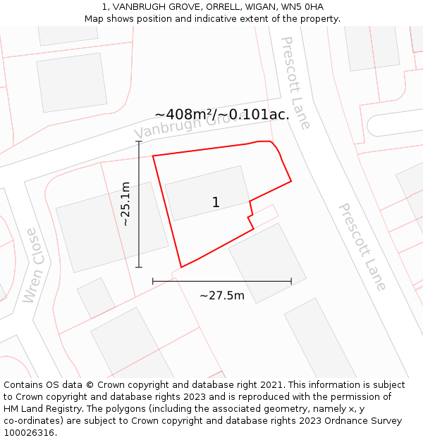 1, VANBRUGH GROVE, ORRELL, WIGAN, WN5 0HA: Plot and title map
