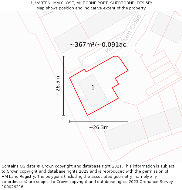 1, VARTENHAM CLOSE, MILBORNE PORT, SHERBORNE, DT9 5FY: Plot and title map