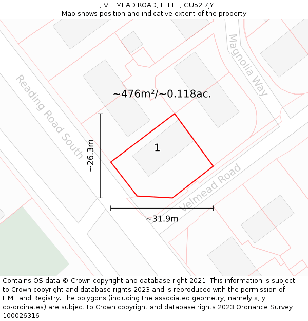 1, VELMEAD ROAD, FLEET, GU52 7JY: Plot and title map