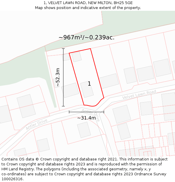 1, VELVET LAWN ROAD, NEW MILTON, BH25 5GE: Plot and title map