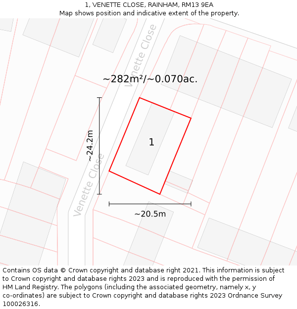 1, VENETTE CLOSE, RAINHAM, RM13 9EA: Plot and title map