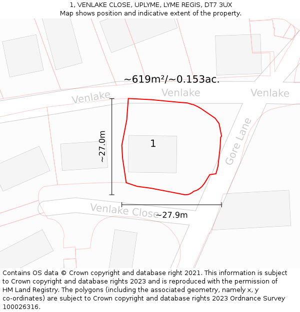 1, VENLAKE CLOSE, UPLYME, LYME REGIS, DT7 3UX: Plot and title map