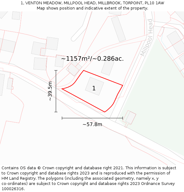 1, VENTON MEADOW, MILLPOOL HEAD, MILLBROOK, TORPOINT, PL10 1AW: Plot and title map