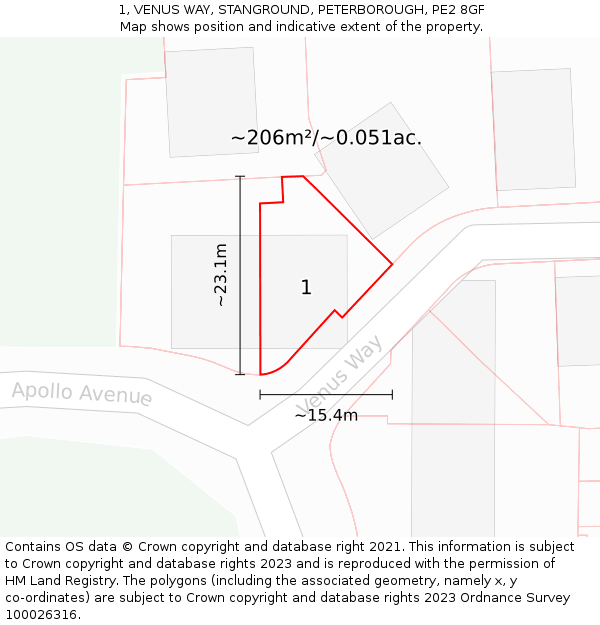 1, VENUS WAY, STANGROUND, PETERBOROUGH, PE2 8GF: Plot and title map