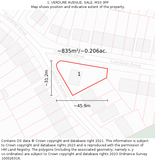 1, VERDURE AVENUE, SALE, M33 3PP: Plot and title map