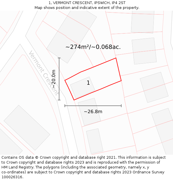 1, VERMONT CRESCENT, IPSWICH, IP4 2ST: Plot and title map