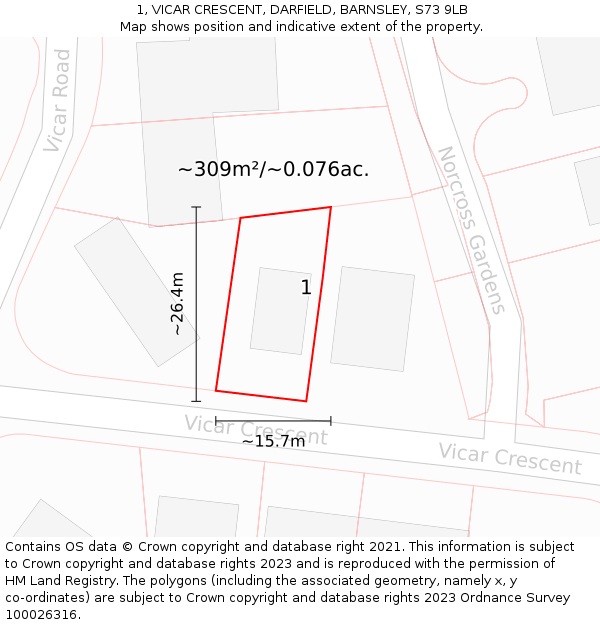 1, VICAR CRESCENT, DARFIELD, BARNSLEY, S73 9LB: Plot and title map