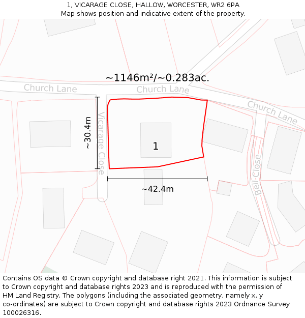 1, VICARAGE CLOSE, HALLOW, WORCESTER, WR2 6PA: Plot and title map