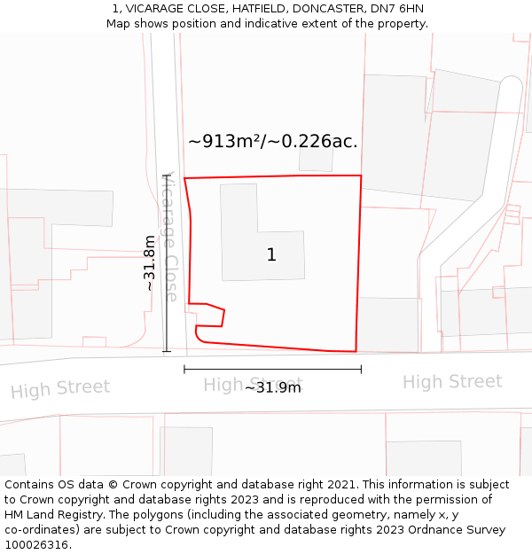 1, VICARAGE CLOSE, HATFIELD, DONCASTER, DN7 6HN: Plot and title map