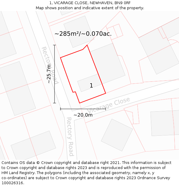 1, VICARAGE CLOSE, NEWHAVEN, BN9 0RF: Plot and title map