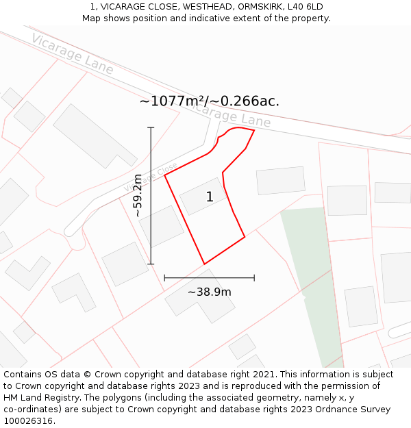 1, VICARAGE CLOSE, WESTHEAD, ORMSKIRK, L40 6LD: Plot and title map