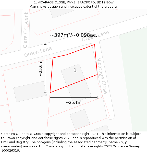 1, VICARAGE CLOSE, WYKE, BRADFORD, BD12 8QW: Plot and title map